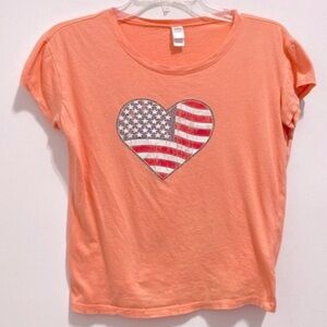 Soft Cotton Orange Tee w/Stars and Stripes Heart Shape Patriotic American Flag